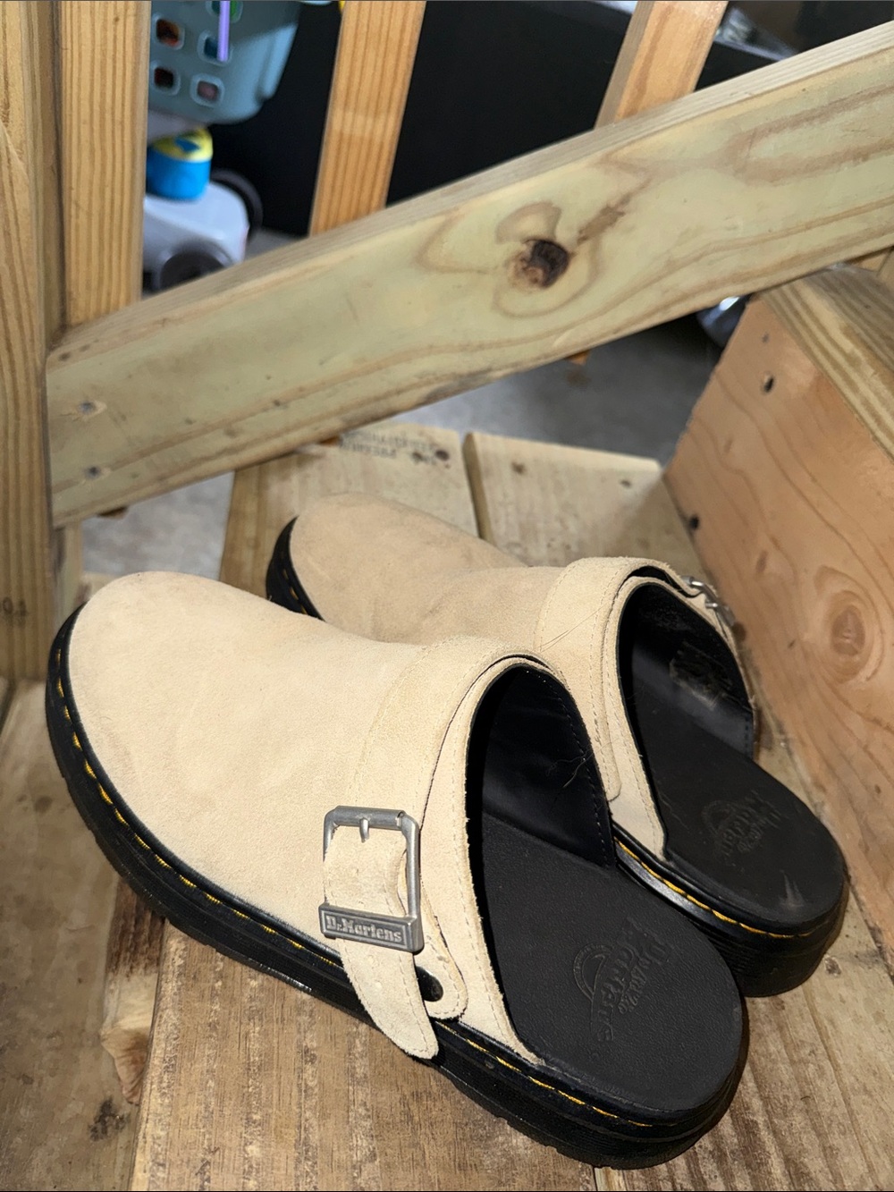 Dr. Martens Beige Suede Slip-On Clogs with Buckle